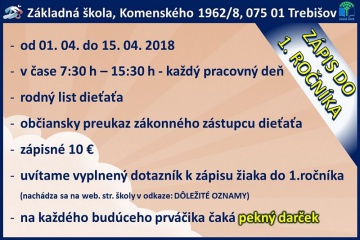 Zápis do 1. ročníka na ZŠ na Komenského ul. 1962/8 v Trebišove