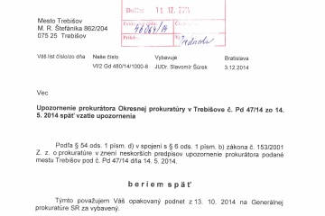 Generálna prokuratúra zobrala späť upozornenie okresného prokurátora podané Mestu Trebišov