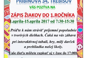 Zápis žiakov do 1. ročníka na Základnej škole, Pribinova 34