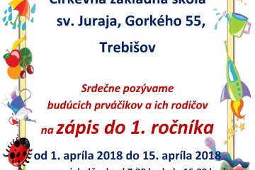 Zápis žiakov do 1. ročníka na Cirkevnej základnej škole sv. Juraja