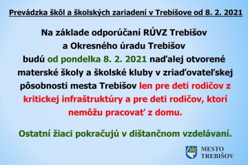 Prevádzka MŠ a ZŠ v meste Trebišov od 8.2.2021