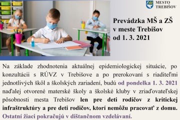 Prevádzka MŠ a ZŠ v meste Trebišov od 1.3.2021