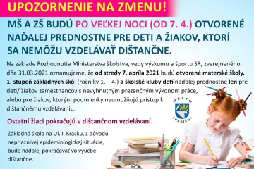 MŠ A ZŠ BUDÚ PO VEĽKEJ NOCI (OD 7. 4.) OTVORENÉ NAĎALEJ PREDNOSTNE PRE DETI A ŽIAKOV, KTORÍ SA NEMȎŽU VZDELÁVAŤ DIŠTANČNE