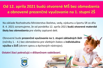 Prevádzka MŠ a ZŠ od pondelka 12. apríla 2021