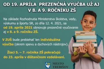 Od 19. apríla prezenčná výučba už aj v 8. a 9. ročníku ZŠ