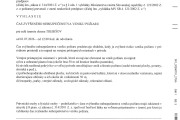 Vyhlásenie času zvýšeného nebezpečenstva vzniku požiaru pre okres Trebišov