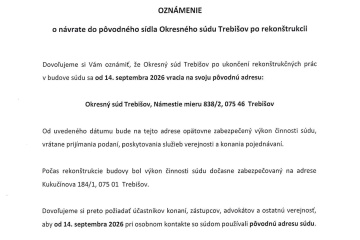 Oznámenie o návrate do pôvodného sídla Okresného súdu Trebišov po rekonštrukci